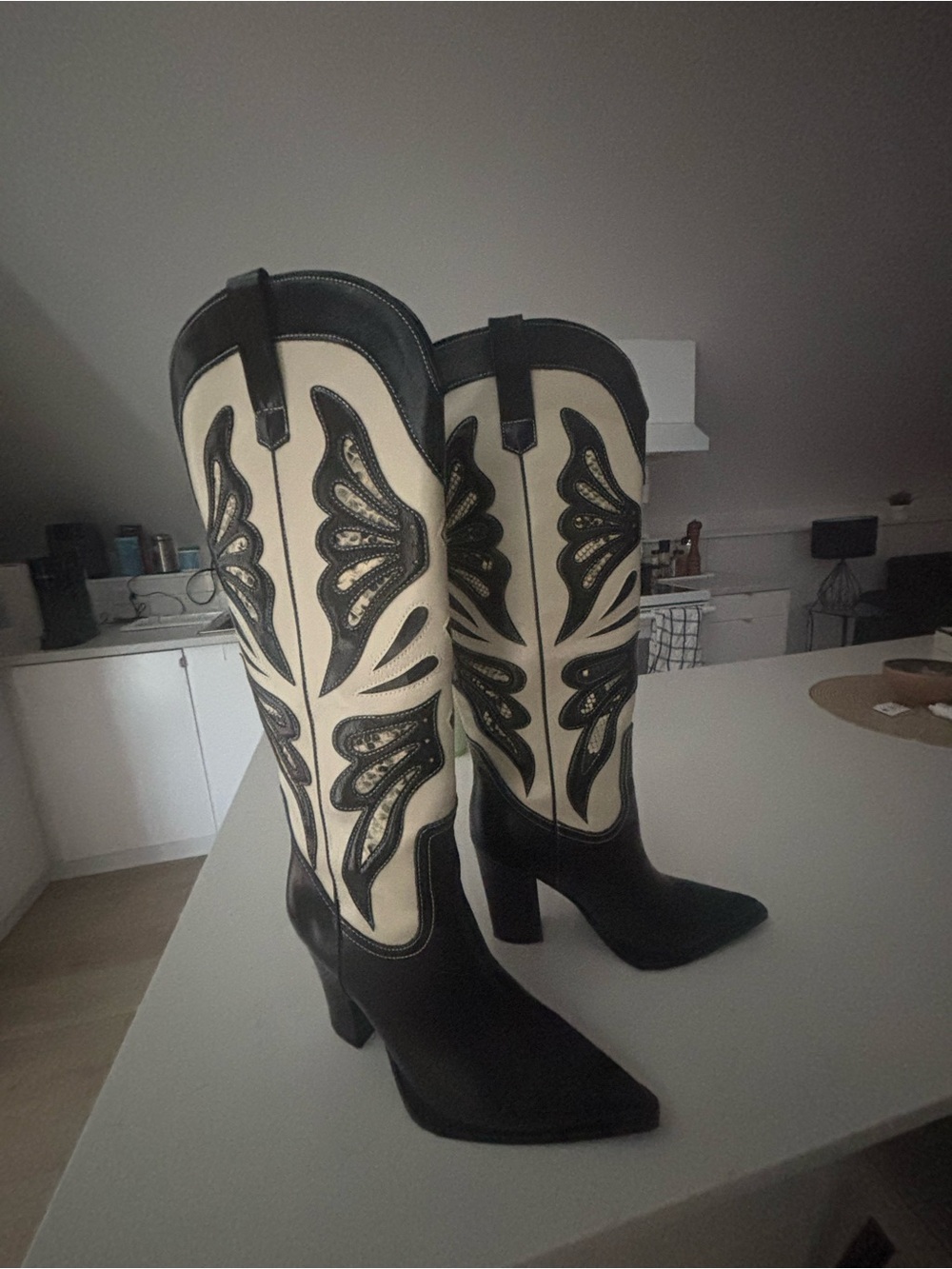 Steve Madden Black and Cream Western Knee-High Embroidered Boots - Picture 3 of 7